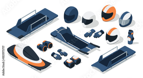 Isometric winter sports equipment set featuring helmets, gloves, and bobsleds