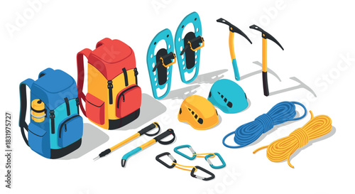 Essential hiking and mountaineering gear in colorful isometric design