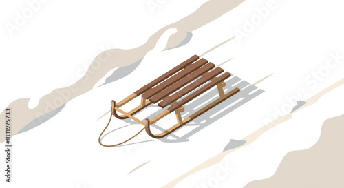 Wooden sled on snowy terrain in isometric view for winter activities