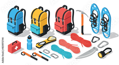 Isometric camping gear collection with backpacks, climbing tools, and safety equipment