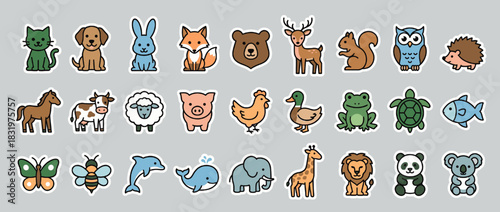 Animal icon set. featuring cat, dog, rabbit, fox, bear, deer, squirrel, owl, hedgehog, horse, cow, pig, chicken, sheep. Vector collection