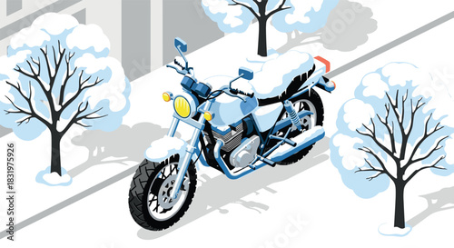 Isometric winter scene with motorcycle and snowcovered trees in city