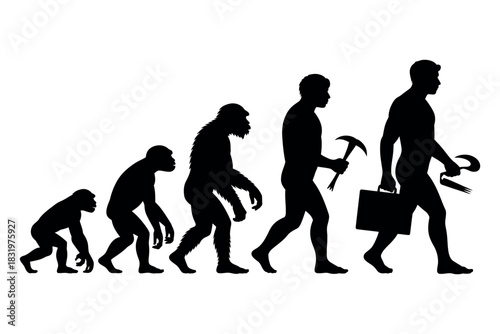 Silhouette depiction of human evolution from ape to modern businessman