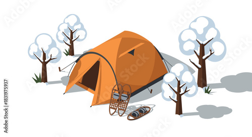 Isometric winter camping scene with orange tent and snowy trees