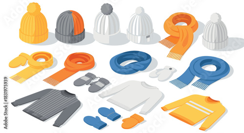 Isometric winter clothing set with hats, scarves, and mittens in vibrant colors