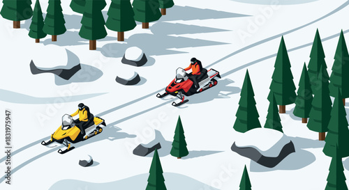 Isometric winter adventure snowmobiles in snowy forest
