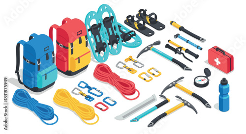 Isometric climbing gear and backpack equipment set with colorful design