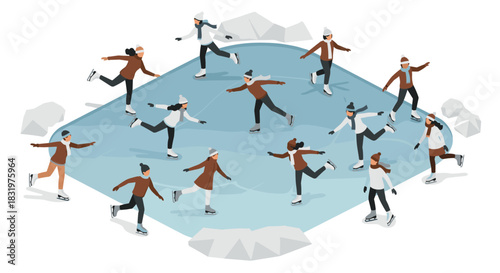 Isometric winter ice skating scene with diverse people on frozen lake