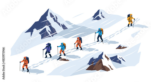 Isometric mountain climbers in snowy landscape with majestic peaks
