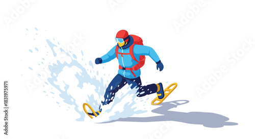 Adventurous winter sportsman running in snow with modern gear in dynamic flat design