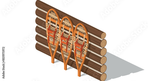 Isometric snowshoes on log wall design for winter activities and outdoor adventures