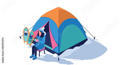 Winter camping scene with tent and person drinking by snowshoes in isometric style