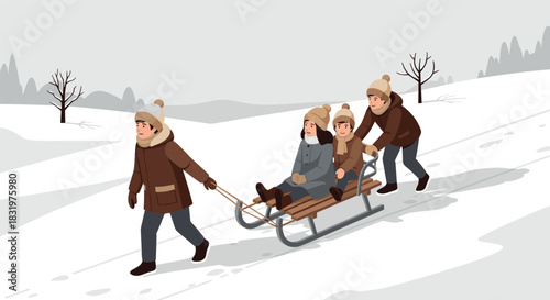 Family enjoying sledding in winter wonderland with snowy landscape and trees