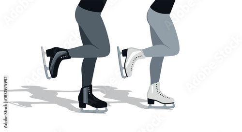 Stylish ice skaters in motion with black and white skates on white background