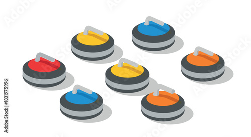 Colorful curling stones in isometric style for sports enthusiasts and game design