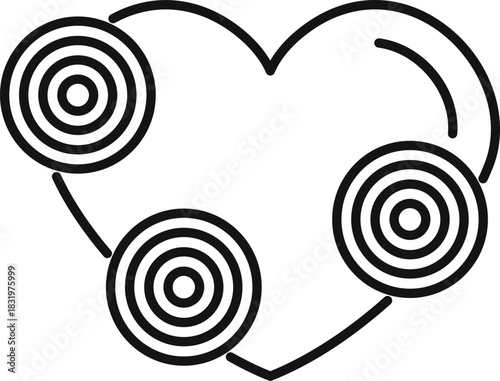 Heart line drawing linking three circular nodes representing love, connection, and social networks