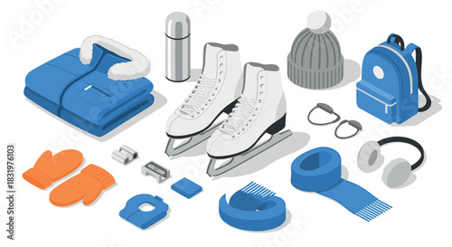 Winter skating essentials in blue and orange isometric style