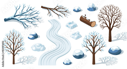 Snowy winter elements set with trees, branches, and paths in isometric style