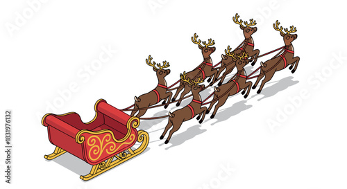 Isometric reindeer sleigh with eight reindeer in festive christmas design