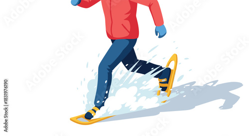 Winter snowshoeing adventure illustration featuring vibrant colors and dynamic motion