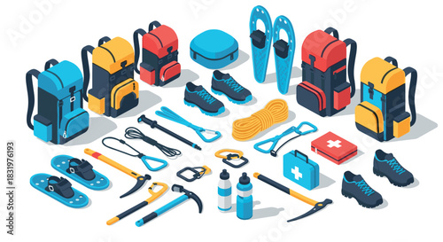 Essential mountain hiking equipment in isometric style for adventure enthusiasts