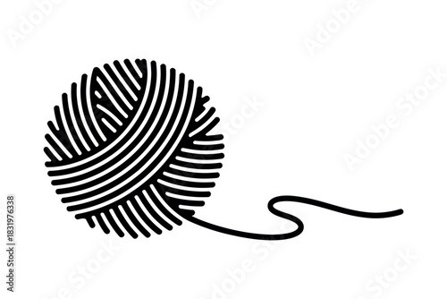 Illustration of a black yarn ball with a single strand on white background