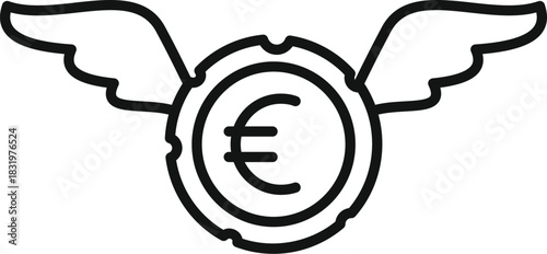 Euro coin with wings symbolizing financial loss, inflation, and money flying away
