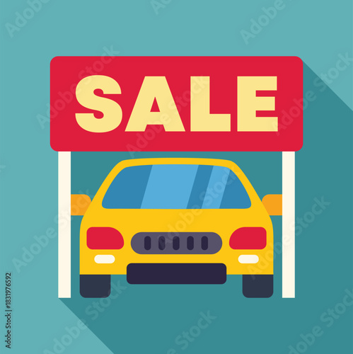 Yellow car under a red sale sign symbolizing vehicle sales and automotive business