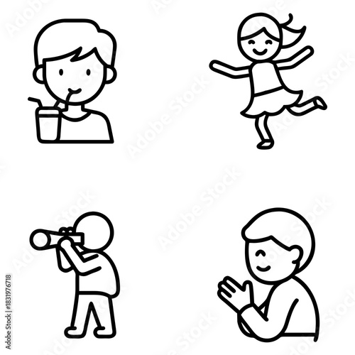 Four simple black-and-white stick figure illustrations depict different actions: a person drinking