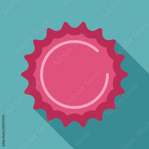Pink bottle cap with a long shadow against a turquoise background, flat design