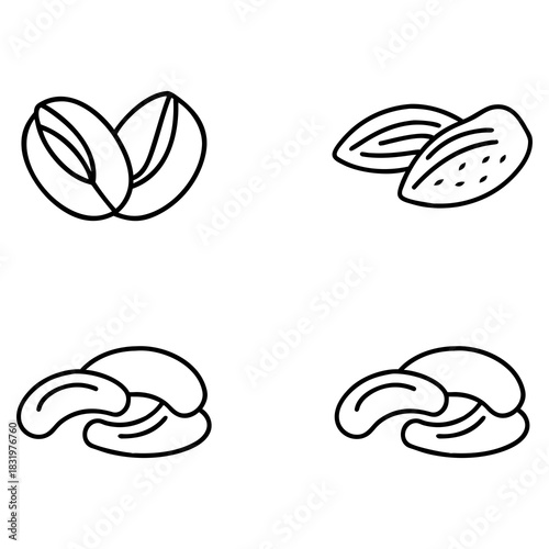 Four outline drawings of different nuts are featured on a white background. Top left shows pistachios