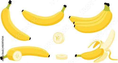 Cartoon Banana Collection with Whole, Sliced, and Peeled Bananas Colorful Flat Vector Illustration Isolated on White