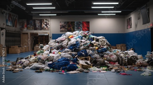 A Massive Pile of Discarded Waste and Garbage Accumulated in an Indoor Space, Highlighting the Growing Issue of Trash Accumulation