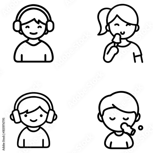 Four outlined cartoon figures are arranged in a 2x2 grid. The top left shows a person with headphones