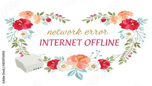 A charming floral wreath frames the words network error and internet offline with a small router or modem device subtly placed to the side