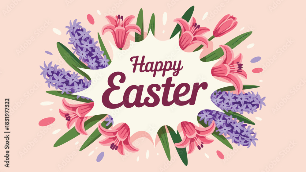Obraz premium Happy easter greeting with pink lilies and purple hyacinths on a soft pink background