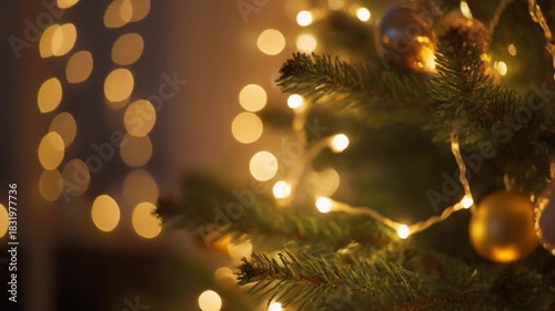 Festive Christmas Tree with Bokeh Lights for a Warm Holiday Ambiance