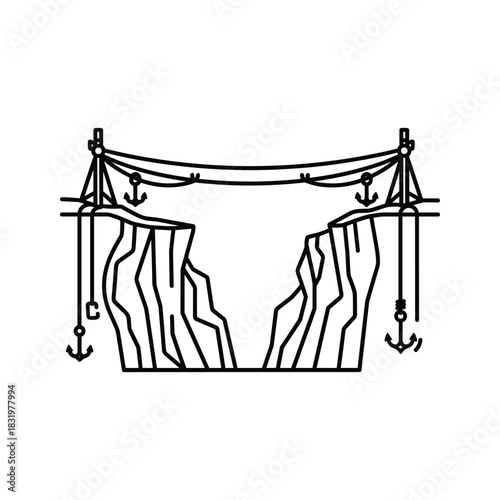 Conceptual chasm with anchors and rope connection line art