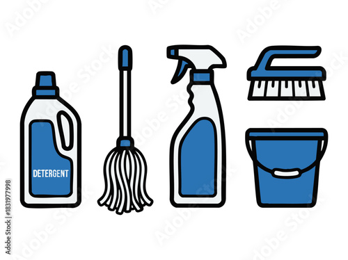 cleaning tools icon set, detergent, mop, spray, brush, bucket, bold outline vector