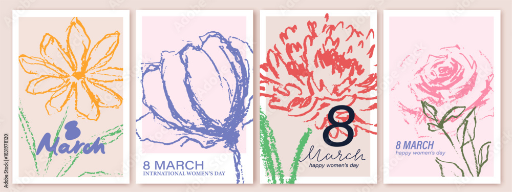 Fototapeta premium Spring flowers bouquets. 8 March, women's day, mother's day holiday cards set. Bright colorful botanical background, pattern. Hand drawn flowers, tulip, rose, peony 