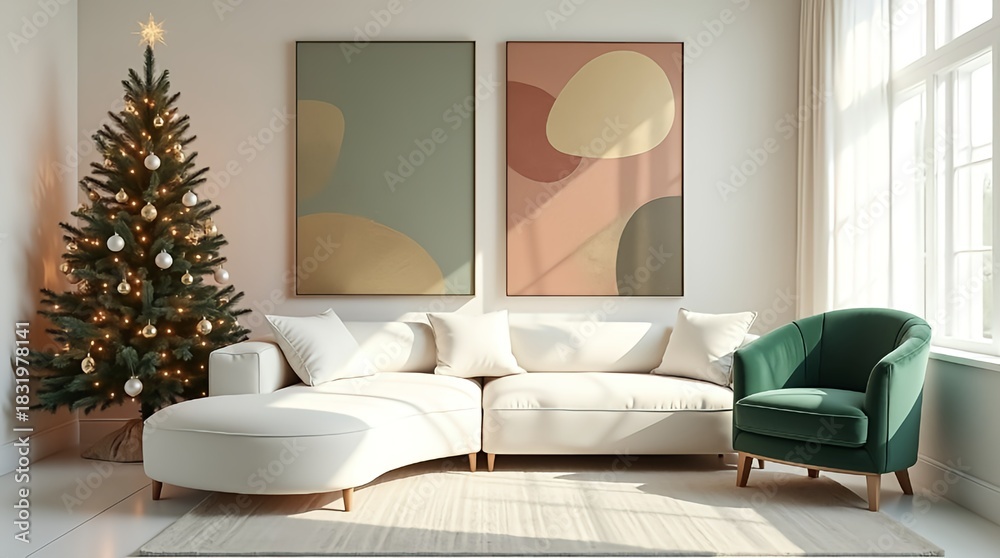 Naklejka premium “A bright AI-generated interior with a curved sofa, abstract art, and a glowing Christmas tree, showcasing a modern, airy, refined look.”