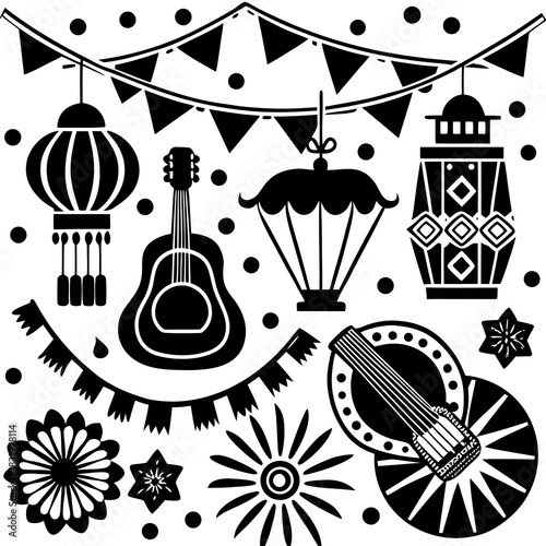 Festive Mexican Fiesta Icons – Lanterns, Guitar & Maracas Vector Art for Party, Culture & Design

