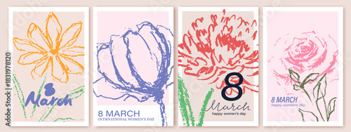 Spring flowers bouquets. 8 March, women's day, mother's day holiday cards set. Bright colorful botanical background, pattern. Hand drawn flowers, tulip, rose, peony
