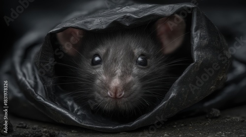 Fototapeta Naklejka Na Ścianę i Meble -  Close up of a black rat peeking from a torn plastic bag. The dark, moody scene highlights whiskers and eyes, suitable for pest control or urban wildlife themes.