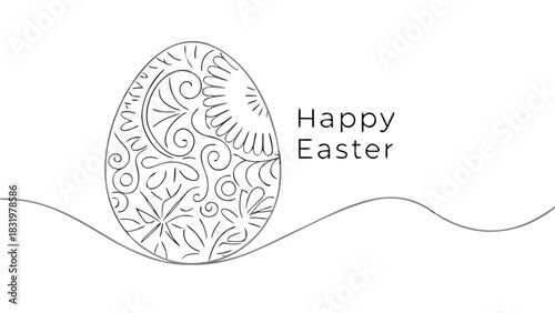 A minimalist line art illustration of a decorative easter egg with intricate swirling patterns and floral motifs accompanied by the text happy easter on a clean white background