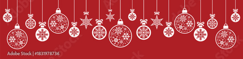 Horizontal border of hanging white Christmas baubles and stars with intricate snowflake patterns on red background, ideal for festive banners, greeting cards, invitations and modern holiday web or pri