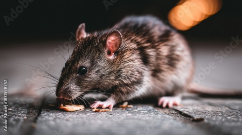 Fototapeta Naklejka Na Ścianę i Meble -  Brown rat scavenging food crumbs on pavement at night. Close up view with bokeh street lights background. Ideal for urban wildlife, pest control and rodent themes.
