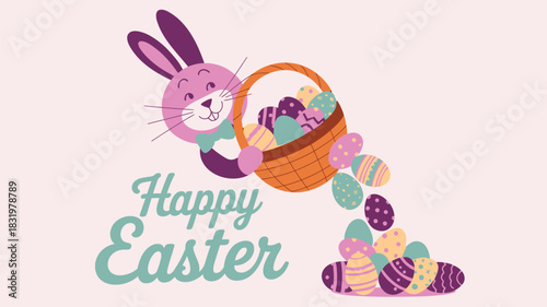 Joyful easter bunny with overflowing basket of colorful decorated eggs and festive greeting