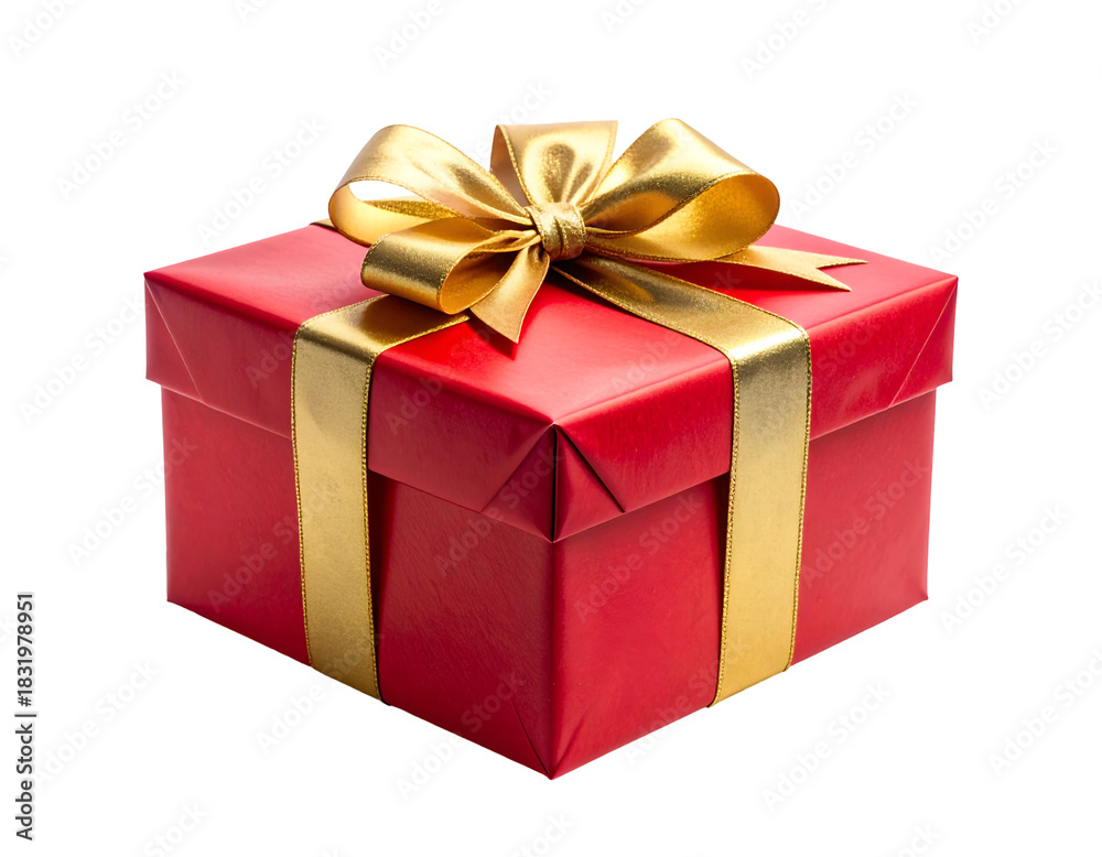 Obraz premium A wrapped Christmas gift box with red paper, gold ribbon bow, and clean sharp edges