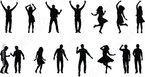Vector illustration of 14 dancing and celebratory human silhouettes—body movement reference for design, animation, joy, energy, and expression
